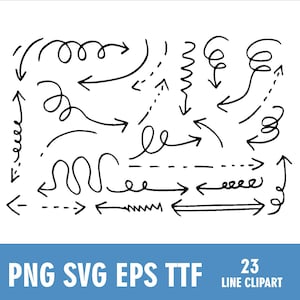 K&ouml;nnte beinhalten: Schwarz-wei&szlig;e Strichzeichnungen verschiedener Pfeile, darunter gebogene, gepunktete und spiralf&ouml;rmige Designs. Das Bild enth&auml;lt den Text "PNG SVG EPS TTF" und "23 LINE CLIPART" in einem blauen Banner.