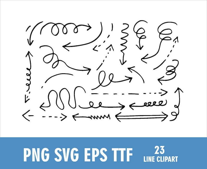 K&ouml;nnte beinhalten: Schwarz-wei&szlig;e Strichzeichnungen verschiedener Pfeile, darunter gebogene, gepunktete und spiralf&ouml;rmige Designs. Das Bild enth&auml;lt den Text "PNG SVG EPS TTF" und "23 LINE CLIPART" in einem blauen Banner.