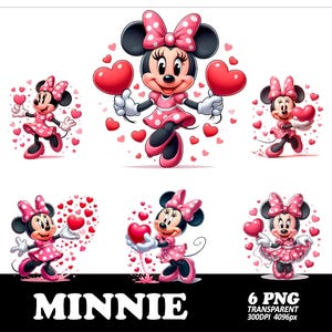 May include: A collection of six PNG images featuring Minnie Mouse in various poses. Minnie is depicted in a pink polka-dot dress and bow, holding red hearts. The word "MINNIE" is displayed in white text at the bottom.