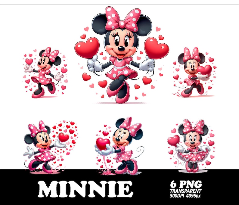 May include: A collection of six PNG images featuring Minnie Mouse in various poses. Minnie is depicted in a pink polka-dot dress and bow, holding red hearts. The word "MINNIE" is displayed in white text at the bottom.