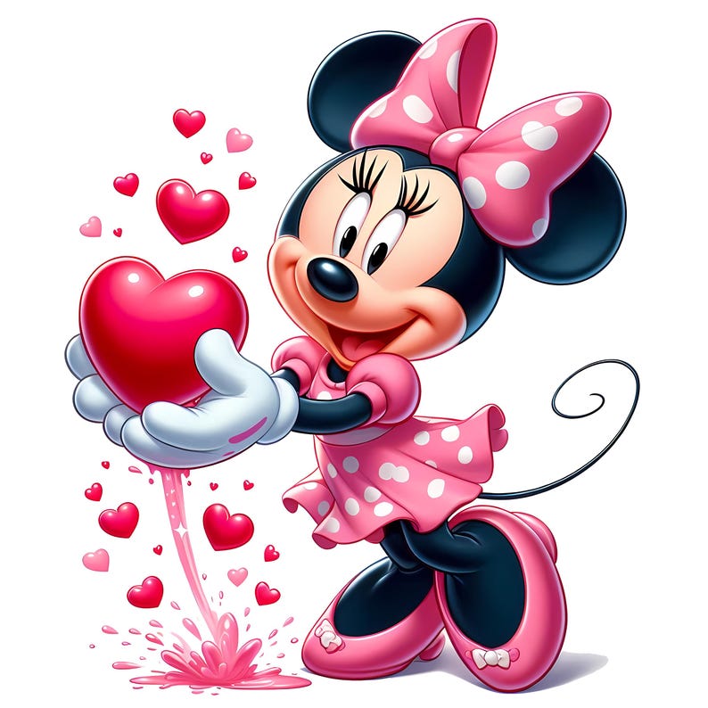 May include: A cartoon illustration of Minnie Mouse holding a large red heart, with smaller hearts floating around her. She wears a pink dress with white polka dots, a matching bow, and pink shoes. The image has a Valentine's Day theme.