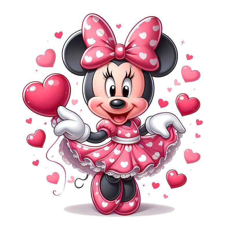 May include: A cartoon illustration of Minnie Mouse in a pink dress with white heart patterns, holding a heart-shaped balloon. She wears a matching bow with white polka dots. Pink hearts float around her on a white background.
