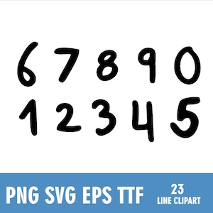 K&ouml;nnte beinhalten: Schwarze Zahlen 0-9 in handschriftlichem Stil, vor wei&szlig;em Hintergrund. Die Zahlen sind fett und abgerundet. Darunter steht der Text "PNG SVG EPS TTF" und "23 LINE CLIPART" in einem blauen Rechteck.