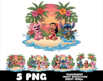 5 PNG Lilo and Stitch Design Clipart, Cartoon Lilo Stitch and Angel Stitch Png Watercolor Design Digital Download High Resolution