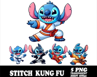 5 PNG Stitch Kung Fu Clipart Design Digital File for Sublimation PNG T-Shirt Designs 300Dpi High Resolution Instant Lilo and Stitch
