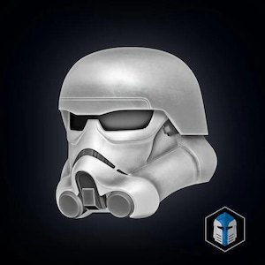 May include: A white Stormtrooper helmet, a recognizable piece of science fiction armor. The helmet features a smooth, rounded design with black eye lenses and a detailed respirator. A logo of a helmet is in the bottom right corner.