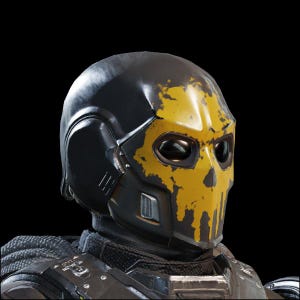 May include: A close-up of a black and yellow helmet with a skull-like design. The helmet has a glossy finish with a distressed, paint-splattered appearance. The eye sockets are dark, and the overall aesthetic is futuristic.