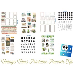 Puede incluir: Un kit de planificador imprimible con un tema vintage. El kit incluye pegatinas, cinta washi, marcos, números, letras e ilustraciones botánicas. El texto "Vintage Vibes Printable Planner Kit" está en la parte inferior.
