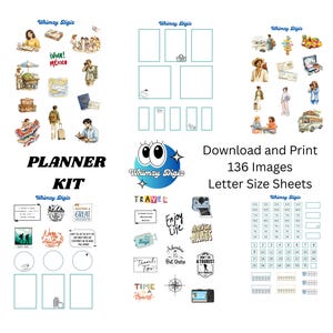 Könnte beinhalten: Ein digitales Planer-Set mit 136 reisebezogenen Bildern auf Blättern im Letter-Format. Enthält Illustrationen von Personen, Gepäck, Kameras, Karten und Zitaten. Text: "PLANNER KIT", "Whimzy Digiz", "Download and Print" und "136 Images".