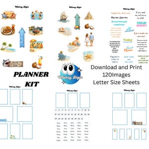 May include: A planner kit with beach-themed watercolor illustrations, including images of boats, seashells, and cocktails. The text includes "Planner Kit", "Download and Print", and "120 Images".