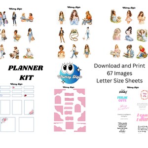 Könnte beinhalten: Ein digitales Planer-Set mit 67 Bildern auf Blättern im Letter-Format, darunter verschiedene illustrierte Figuren, dekorative rosa Gittermuster, leere rechteckige Rahmen und inspirierende Textzitate mit der Bezeichnung Whimzy Digis.