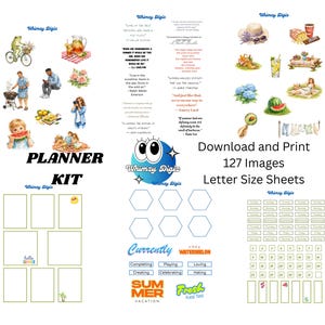 Könnte beinhalten: Ein digitales Planer-Set mit 127 sommerlichen Aquarell-Illustrationen, Zitaten und funktionalen Elementen wie Kalendern, Kästchen und Etiketten. Der Text enthält "PLANNER KIT", "Download and Print", "127 Images" und "Letter Size Sheets".