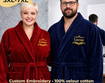Grote maten velours katoenen badjas (3XL-7XL) | Extra grote unisex spa-badjas, gepersonaliseerd