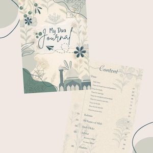 以下が含まれることがあります： 「My Dua Journal」というタイトルのジャーナル。花柄のデザインとモスクのイラストが描かれています。開いたページには、「Duas」や「Kalimas」などの見出しが付いたコンテンツリストが表示されています。ジャーナルはソフトなパステルカラーです。