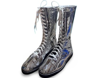 Handmade Pro Wrestling Silver Long Boots – Custom Metallic Wrestling Boots, Professional Ring Gear, High Shine Performance Footwear.
