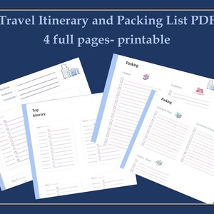 Può includere: Un PDF stampabile di itinerario di viaggio e lista di imballaggio con quattro pagine. La pagina dell'itinerario ha sezioni per la data, l'ora, l'attività e le note. La pagina della lista di imballaggio ha sezioni per gli abiti, gli articoli da toeletta, gli articoli essenziali, i gioielli, le scarpe e gli articoli elettronici.