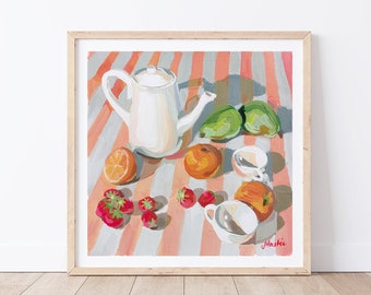 Strawberry Picnic Art Print // Still Life with Oranges, Strawberries and Pears // Home Decor //  Colorful Art for your Home