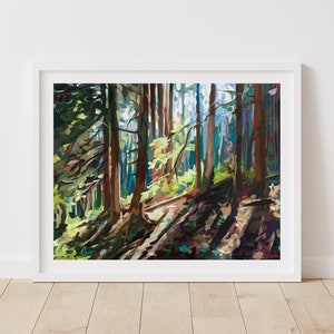 Hillside Shadows // Art Print of Painting by Vancouver Artist Joanne Hastie // Sunlit Forest Green