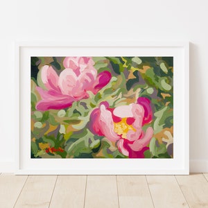 Pink Flowers // Floral Painting Art Print // Wall Decor for Living Room // Red, Green and Pink