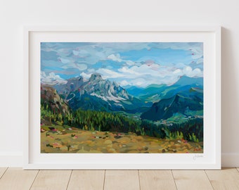 Impression d’art paysager de Corvara Italie // Peinture de montagne alpine des Alpes des Dolomites // Signé par l’artiste