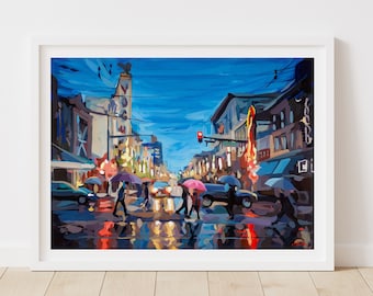 Soirée pluvieuse sur Granville Street, Vancouver // Impression d'une peinture originale de l'artiste canadienne Joanne Hastie // Paysage urbain du centre-ville