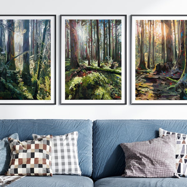 Set of 3 Forest Art Prints // Sunshine Rainforest // APainting by Vancouver Artist Joanne Hastie // Outdoor Nature Hike