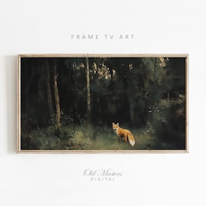 May include: A framed digital art print depicting a forest scene with a fox. The artwork uses a dark, moody colour palette with greens and browns. The text "FRAME TV ART" is at the top, and "Old Masters DIGITAL" is at the bottom.