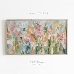 May include: A framed floral painting with a light blue background and a variety of flowers in shades of pink, peach, yellow, and green. The text "FRAME TV ART" is at the top, and "Old Masters DIGITAL" is at the bottom.