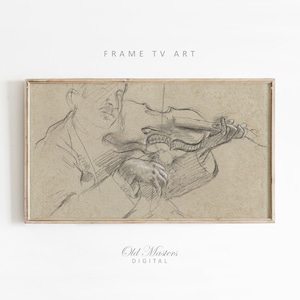 May include: A pencil sketch of a person playing a violin, framed in a light-coloured wooden frame. The text "FRAME TV ART" is at the top, and "Old Masters DIGITAL" is at the bottom of the artwork.