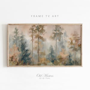 Può includere: Una stampa digitale rettangolare intitolata FRAME TV ART che raffigura un paesaggio boschivo ad acquerello con alberi alti in tonalità tenui di verde salvia, rosa antico e marrone, racchiusa in una sottile cornice di legno chiaro.