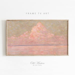 May include: A framed digital art print featuring a landscape painting with a soft, pastel color palette. The artwork depicts a pink cloud formation above a pink and blue horizon. The frame is a light brown color. The text "FRAME TV ART" and "Old Masters DIGITAL" are visible.