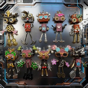 Może przedstawiać: Kolekcja fantazyjnych broszek o tematyce robotów. Każdy robot ma drewniany korpus, metalowe nogi i różne elementy dekoracyjne, takie jak koła zębate, kwiaty i instrumenty muzyczne. Roboty są w odcieniach brązu, złota i srebra, z kolorowymi akcentami.