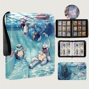 May include: A zippered trading card binder featuring a blue aquatic scene with cartoon characters. The cover displays a large blue creature, a smaller turtle-like character with sunglasses, and a surprised creature. Includes internal card sleeves.