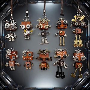 May include: A selection of steampunk robot pendants. Each pendant has a wooden block body with metal gears, accents, and accessories. The robots are suspended from brown cords, displaying a unique, handcrafted aesthetic. The pendants are all different.