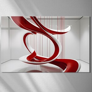 May include: Abstract art print featuring a dynamic, swirling sculpture in red and white. The artwork has a glossy finish and is set against a minimalist white background, with vertical red lines adding depth.