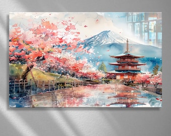 May include: Watercolor painting of a Japanese landscape featuring a red pagoda, cherry blossom trees, and Mount Fuji in the background. The scene is reflected in a body of water, creating a serene and colorful image.