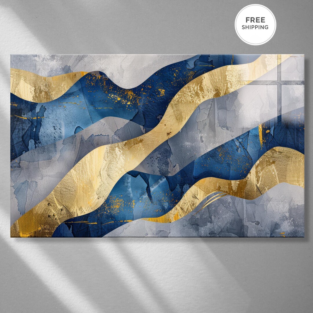 Blue Gold Abstract Wall Art, Navy Modern Wall Decor, Luxury Fluid ...