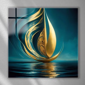 May include: Abstract art print featuring a golden, stylized sailboat on a teal blue background. The artwork has a reflective water effect at the bottom and flowing gold accents. The piece is framed and ready to hang.