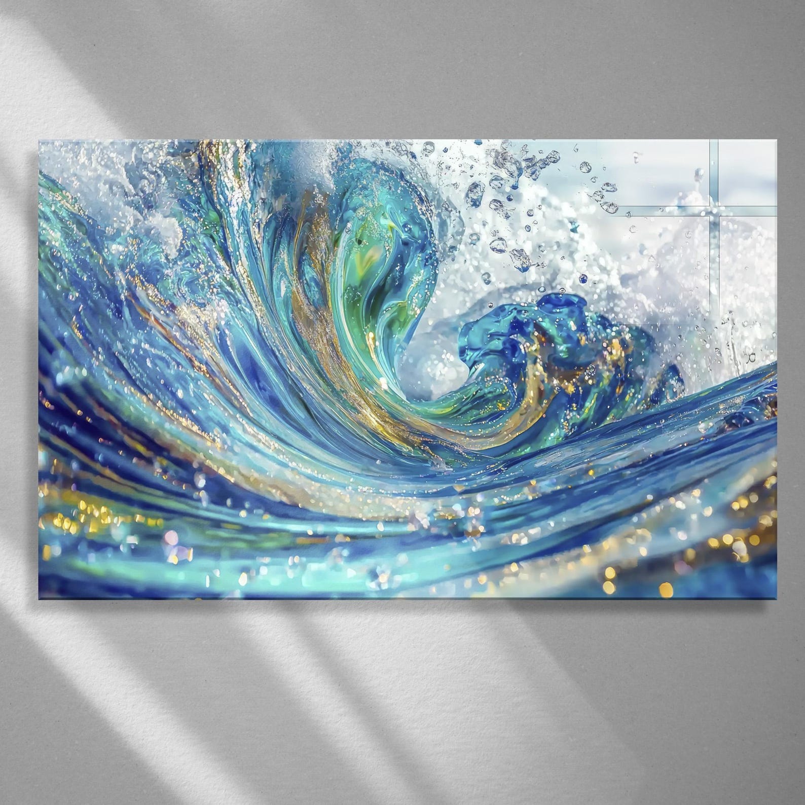 Tempered Glass Wall Art – Extra Large Blue Gold Abstract Ocean Wave ...