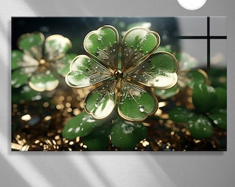 Gehärtetes Glas Wandkunst Vierblättriges Kleeblatt, Glücksklee-Dekor, St. Patricks Day Dekor, irisches Glücks-Wanddekor