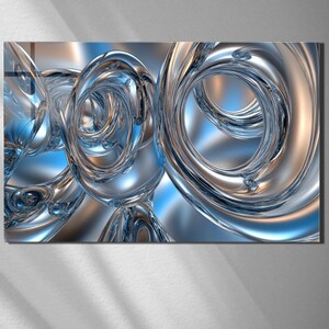 May include: Abstract digital art print with swirling, transparent, and reflective shapes in blue, silver, and gold. The artwork has a three-dimensional effect, with light and shadow creating depth and movement. The overall theme is modern and futuristic.