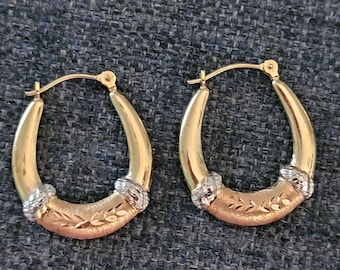 Vintage JCM Jacmel Mauritius 14k Tri Color Gold Puffy Etched Hoop Earrings