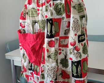Vintage MCM Mid Century Mod Vegetable Print Half Apron Red White Green Rick Rack