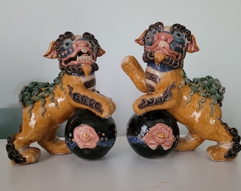 Vintage Pair Set Ceramic Asian Foo Dogs Antique Guardians Lions Shishi Sancai