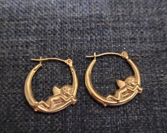 Vintage JCM Jacmel Mauritius 14k Gold Cherub Angel Puffy Hoop Earrings