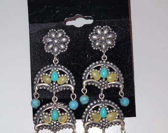 Beautiful Southwestern Turquoise & Citrine Sterling Silver Chandelier Earrings