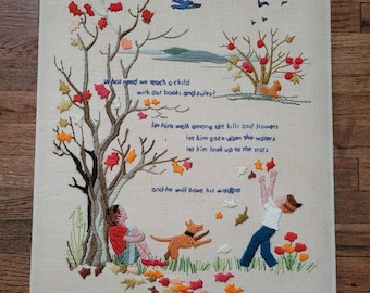 Vintage Fall Trees Child Nature Quote Crewel Embroidery Unframed Mounted Wall  Hanging
