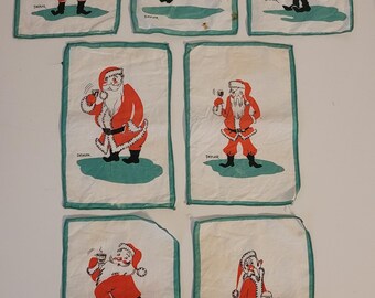 Vintage MCM Constance Depler Tipsy Santa Linen Cocktail Napkins Set 7 Christmas