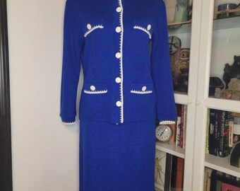 Vintage Neiman Marcus Ami Knits Cardigan Sweater Skirt Suit Set Blue White S 6