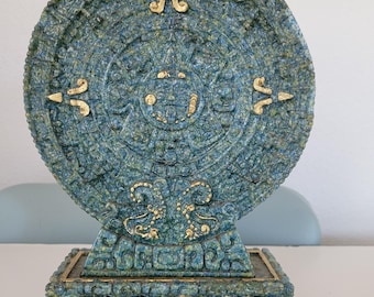 Vintage Crushed Malachite Turquoise Stone Aztec Calendar on Stand